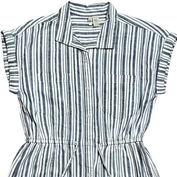Japna Striped 100% Cotton Button Up Mini Shirt Dress Pockets Collared Size M - Picture 8 of 10